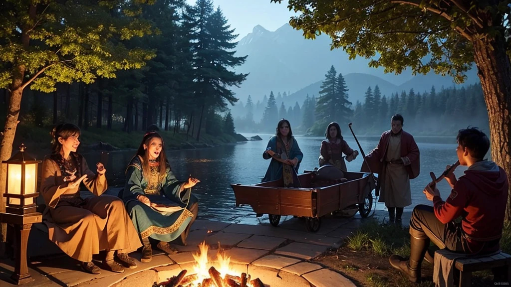 A close-up view of a lively Vistani camp by Tser Lake from the Curse of Strahd. The scene shows Vistani people gathered closely around a warm, flickering campfire. Some are animatedly telling stories with expressive gestures, while others play guitars and various musical instruments. The colorful, ornate wagons are visible in the background. The atmosphere is vibrant and welcoming, filled with laughter and music. Shadows cast by the firelight create an enchanting and communal ambiance, with the dark, mysterious lake and dense forest softly illuminated in the background.