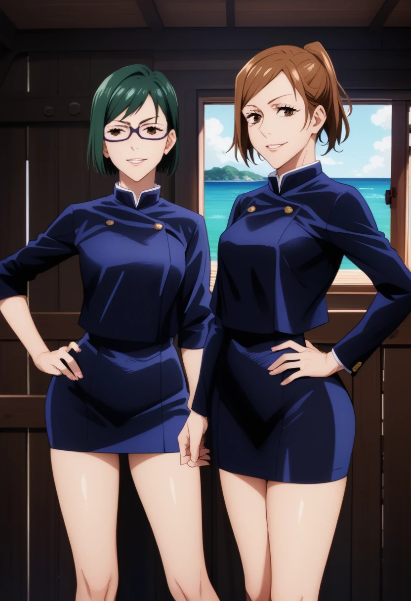 score_9_up, score_8_up, score_7_up, 2girls, mature females, (((Nobara Kugisaki and Maki Zenin))),(((First girl is Nobara has short brown bob hair, brown eyes, blue tight uniform with skirt))), (((Second girl is Maki has green ponytail hair, glasses, yellow eyes, blue tight uniform with tight skirt))), naughty smiles, they are looking at viewer,((yacht cabin)), day time, standing tall in seductive poses