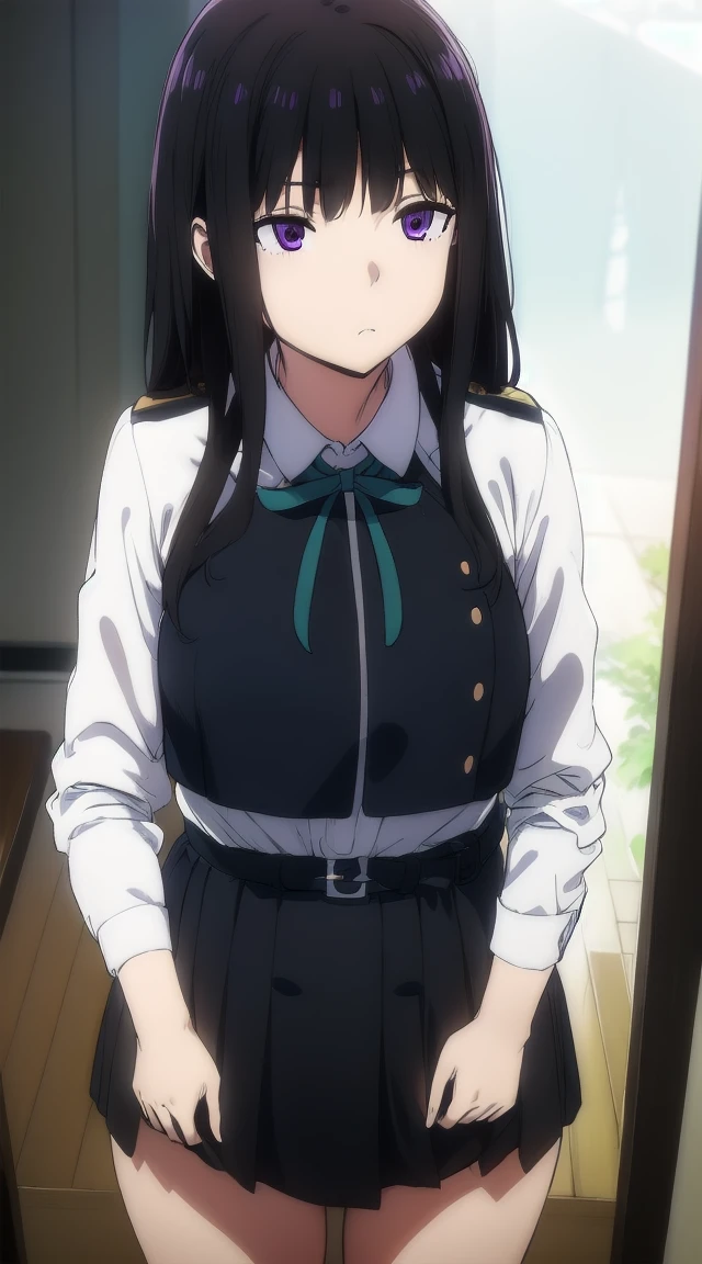1girl,((black hair))
BREAK ((inoue takina, long hair, bangs, black hair, (purple eyes:1.2),crop top, white socks, shirt, long sleeves, dress, ribbon, , white shirt, collared shirt, belt, neck ribbon, blue dress, green ribbon, pleated dress, grey dress, two-tone dress, blue belt, lycoris uniform,:1))
BREAK ((blank eyes, mind control,StSPendulum,phone in corner:1.4))
BREAK indoors,
BREAK looking at viewer,
BREAK (masterpiece:1.2), best quality, high resolution, unity 8k wallpaper, (illustration:0.8), (beautiful detailed eyes:1.6), extremely detailed face, perfect lighting, extremely detailed CG, (perfect hands, perfect anatomy),