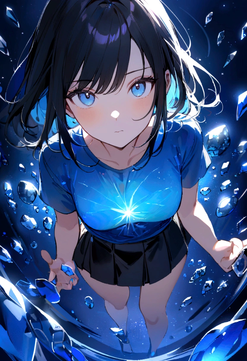 (best qualityer, work of art),(1 girl, above all,expression face, blue colored eyes, gazing at viewer, Bblack hair, cloused mouth, social shirt, Black Skirt, hand to the spectator), (less blue light, spinning many blue glass pieces behind, floating objects, night sky)