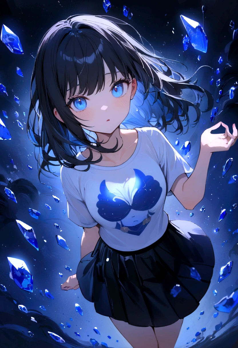 (best qualityer, work of art),(1 girl, above all,expression face, blue colored eyes, gazing at viewer, Bblack hair, cloused mouth, social shirt, Black Skirt, hand to the spectator), (less blue light, spinning many blue glass pieces behind, floating objects, night sky)