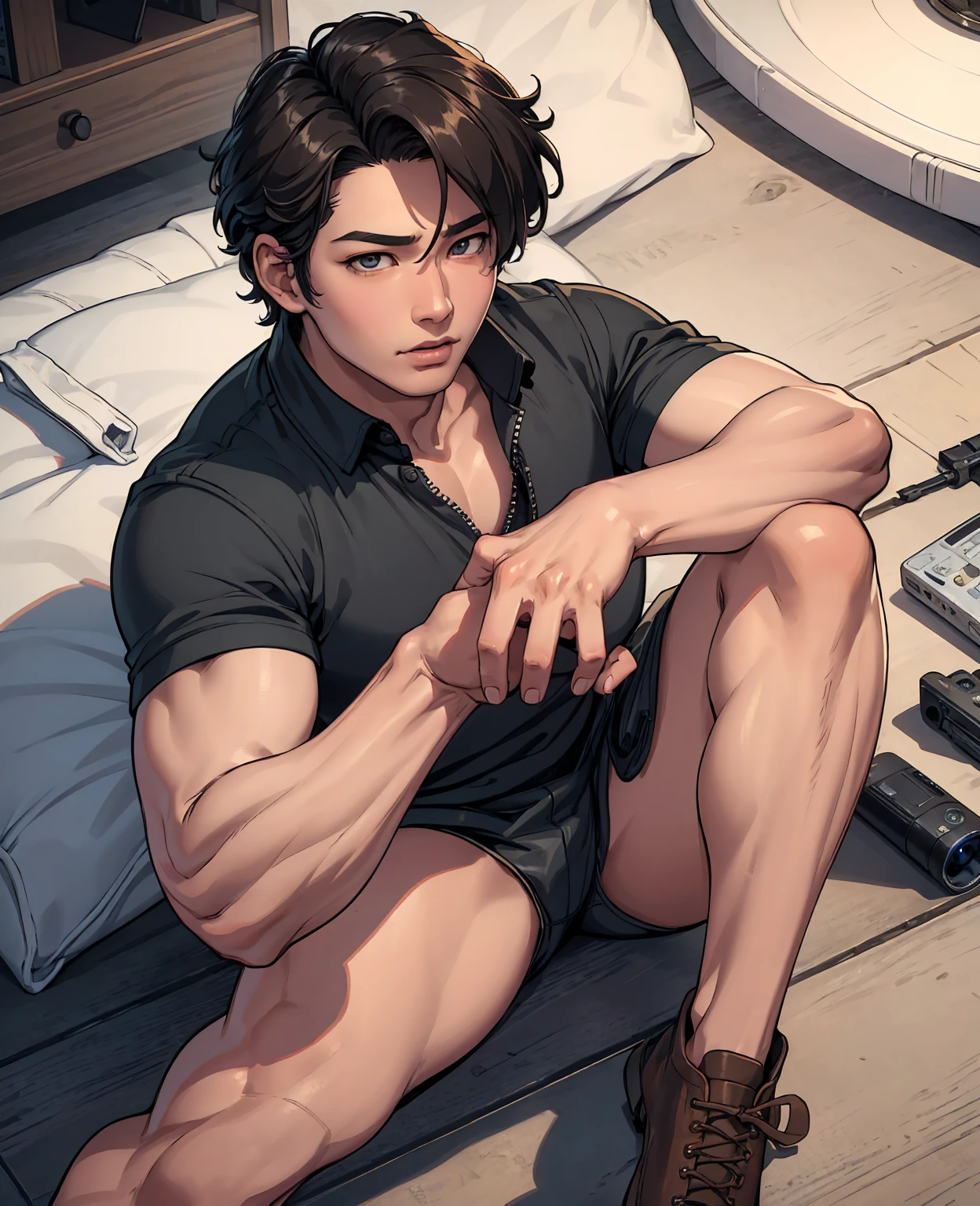 realistic styling, Han Jisung, boy, Asian, face detailed, detailed hands, detailed legs, detailed fingers, detailed hair, detailedeyes, skin detailed, dynamic lighting, (photorrealistic: 1.4), 8k hd, (hyperrealisti), (photo realist), (work of art), (best qualityer), From above