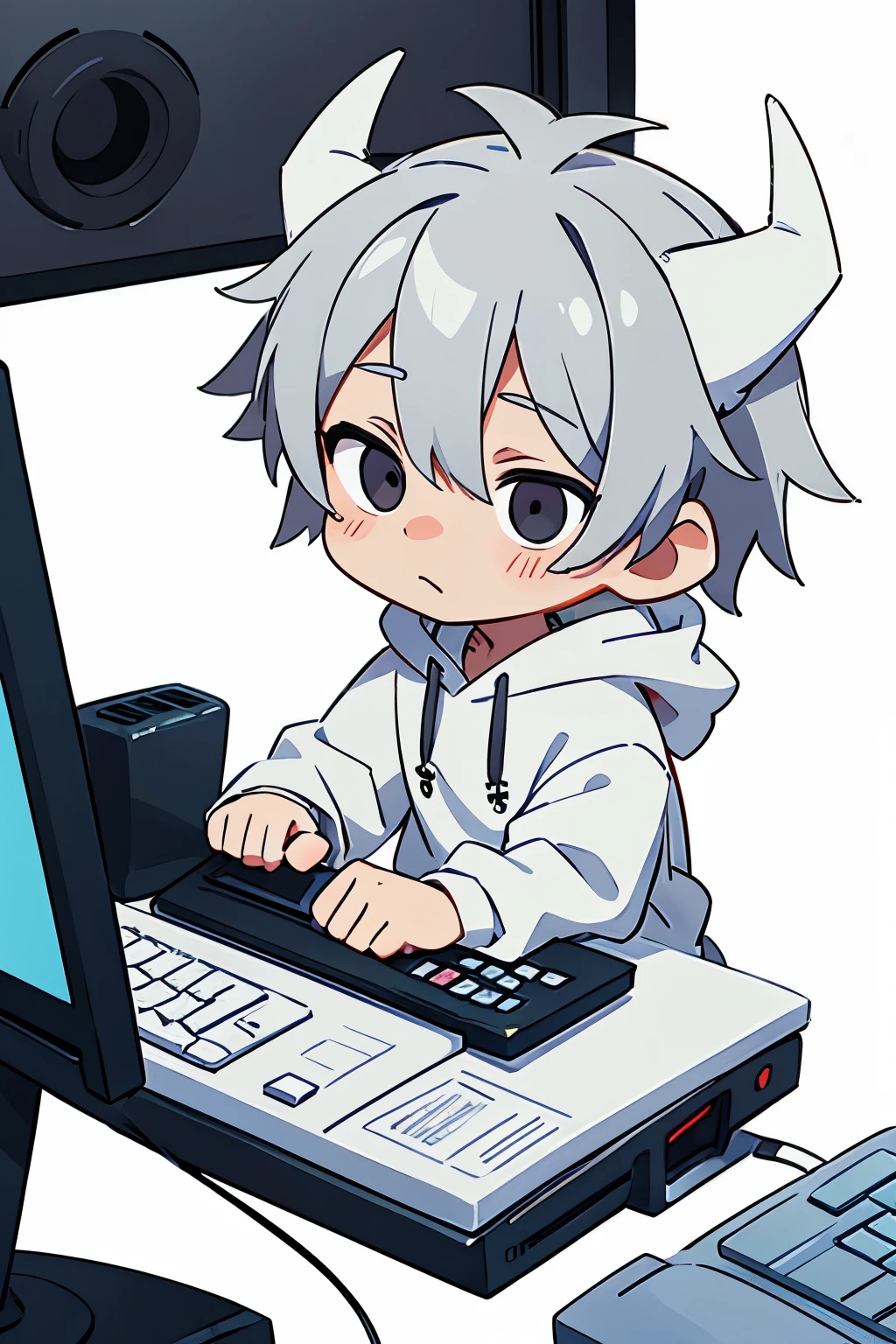 chibi drawing, Boy, white, with gray hair, wearing a white hoodie and black demon horns, on a computer