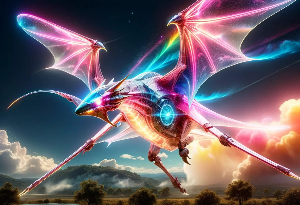 a National Geographic, an award winning picture of a (pink mech Pterosaur: 1.3) flying in the sky near a rainbow, dynamic sky background, (masterpiece: 1.4) intense details, highly detailed, photorealistic, best quality, highres,16k, [ultra detailed], masterpiece, best quality, (extremely detailed), ultra wide shot, photorealistic, RAW, realistic art,((best quality)), ((masterpiece)), (detailed: 1.5) ral-czmcrnbw, Mechanical Creatures