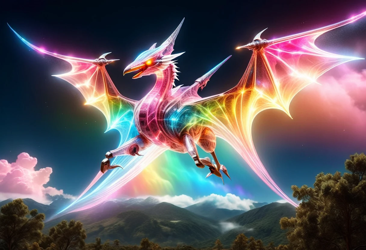 a National Geographic, an award winning picture of a (pink mech Pterosaur: 1.3) flying in the sky near a rainbow, dynamic sky background, (masterpiece: 1.4) intense details, highly detailed, photorealistic, best quality, highres,16k, [ultra detailed], masterpiece, best quality, (extremely detailed), ultra wide shot, photorealistic, RAW, realistic art,((best quality)), ((masterpiece)), (detailed: 1.5) ral-czmcrnbw, Mechanical Creatures