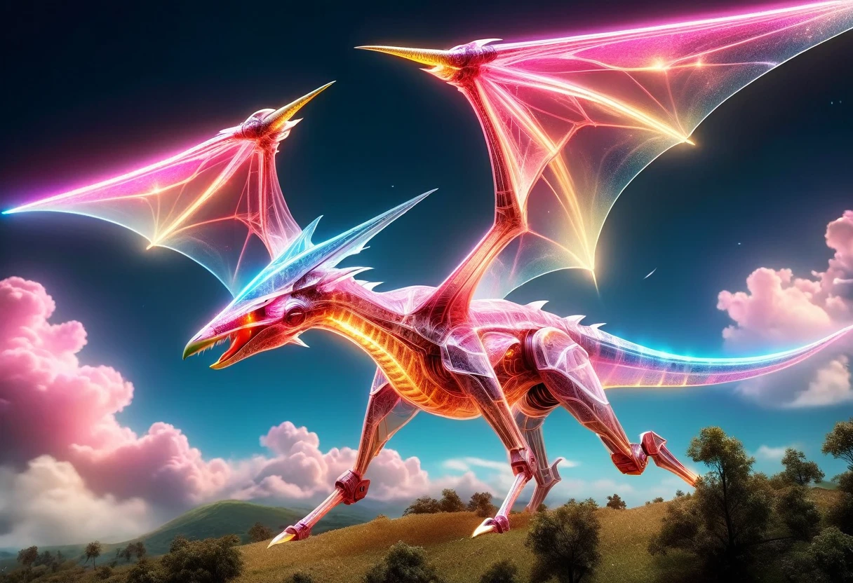 a National Geographic, an award winning picture of a (pink mech Pterosaur: 1.3) flying in the sky near a rainbow, dynamic sky background, (masterpiece: 1.4) intense details, highly detailed, photorealistic, best quality, highres,16k, [ultra detailed], masterpiece, best quality, (extremely detailed), ultra wide shot, photorealistic, RAW, realistic art,((best quality)), ((masterpiece)), (detailed: 1.5) ral-czmcrnbw, Mechanical Creatures