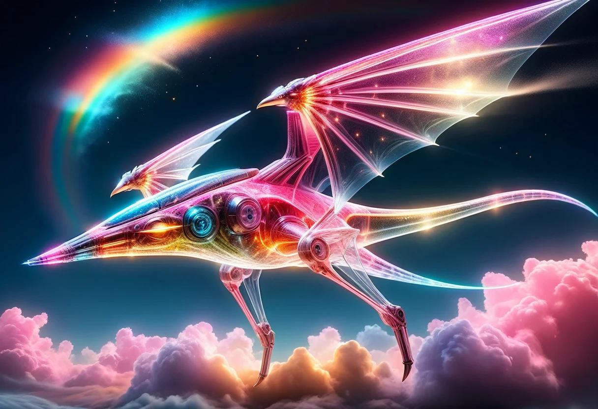 a National Geographic, an award winning picture of a (pink mech Pterosaur: 1.3) flying in the sky near a rainbow, dynamic sky background, (masterpiece: 1.4) intense details, highly detailed, photorealistic, best quality, highres,16k, [ultra detailed], masterpiece, best quality, (extremely detailed), ultra wide shot, photorealistic, RAW, realistic art,((best quality)), ((masterpiece)), (detailed: 1.5) ral-czmcrnbw, Mechanical Creatures