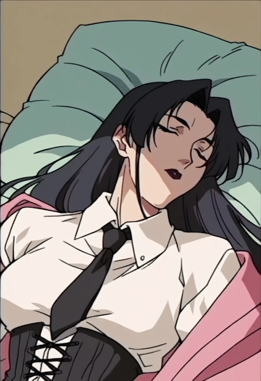 beautyful mature japanese woman, slim body, slender body, pink corporate suit, black tie, big long fringe black hair, black lipstick, black corset, milf, black chocker, black nacklaces, sleeping
