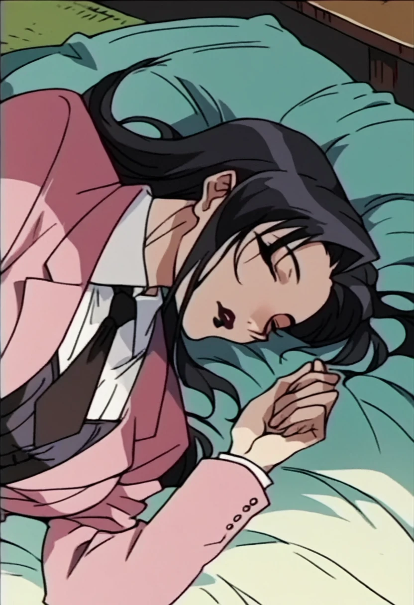beautyful mature japanese woman, slim body, slender body, pink corporate suit, black tie, big long fringe black hair, black lipstick, black corset, milf, black chocker, black nacklaces, sleeping