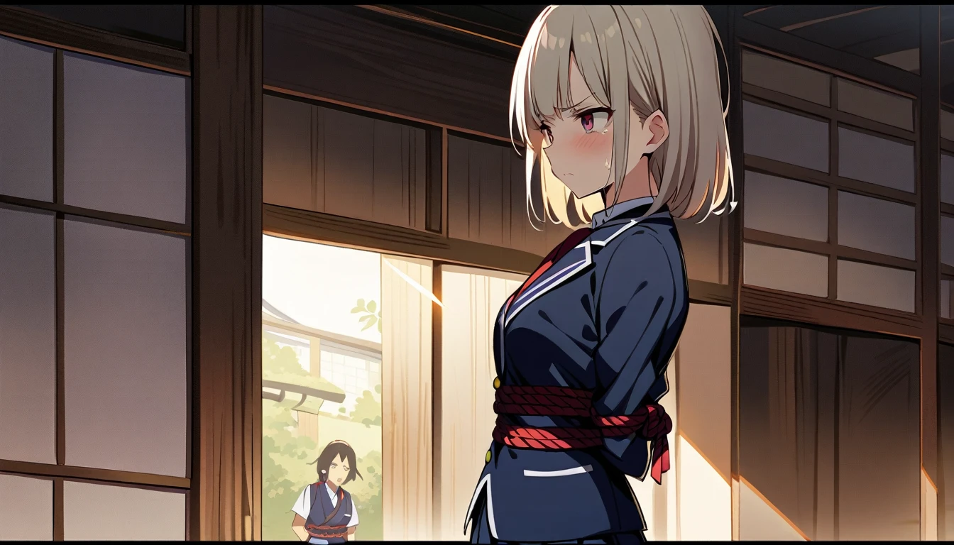 A girl in a blazer uniform, floral bra and floral prints is tied up behind her back with a rope while standing in a Japanese-style room and crying in disgust after a middle-aged man's penis is placed in her mouth.pPantyhose nipples erect, black hair, short bob, small breasts, pale pubic hair girl、From head to ankle