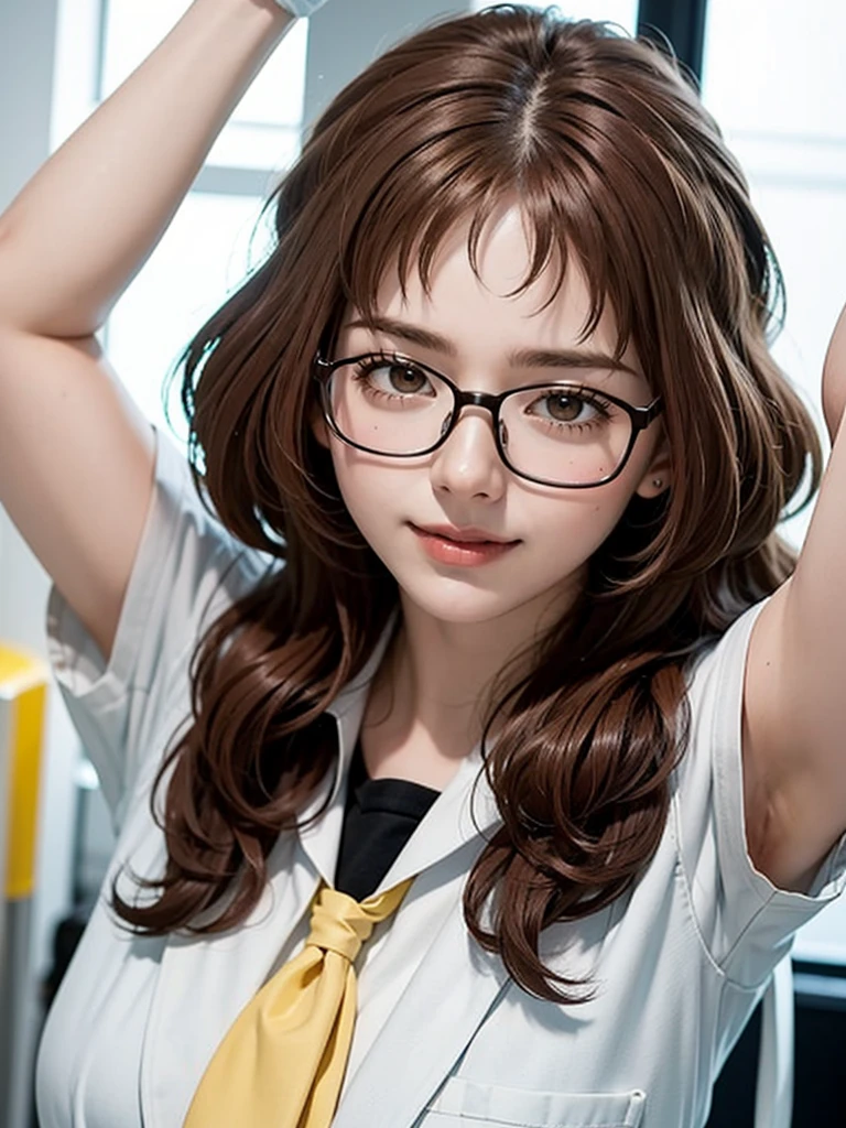 (masterpiece), (best quality), (Super detailed),(illustration), (1 Girl),looking at the audience, (interview),Beautiful and delicate eyes, Delicate and beautiful face,red plastic frame glasses
,brown hair,short hair,yellow eyes,black_gloves,labcoat,{{steam wet oil armpits,plump lips}},fake eyelashes, smile,black necktie, huge breasts,