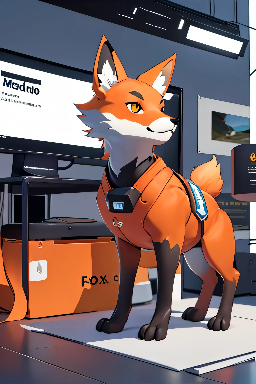 Generate marketing visuals for a web development company called MendoFOX. Create wallpapers, banners, and posters that represent their services. Highlight Web Page Design and Application Development. Use modern and attractive colors with a professional and technological style based on orange, red, black, white, and gray. Incorporate the concept and imagery of a fox, the animal.