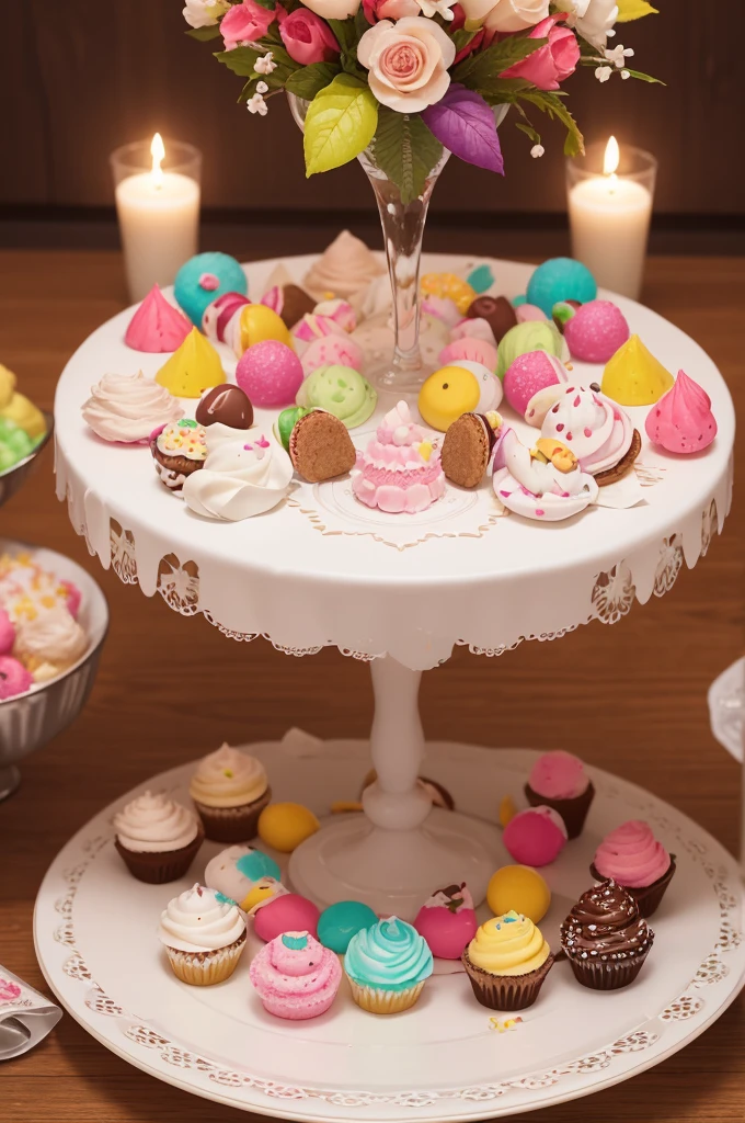 Create a high-quality image of a variety of sweets with your logo "Milk Denial" Outstanding. The image must include different types of sweets, like chocolates, colored bullets, lollipops of various shapes, marshmallows macios, cupcakes decorated with icing and homemade cookies. Sweets should be attractively arranged on a table decorated in a festive theme. Make sure the logo "Milk Denial" is clearly visible, elegantly integrated into the image, like on candy labels, in chocolate packaging, ou impresso no glacê dos cupcakes. The scene should be vibrant and colorful, with a cheerful tablecloth and decorative elements around.