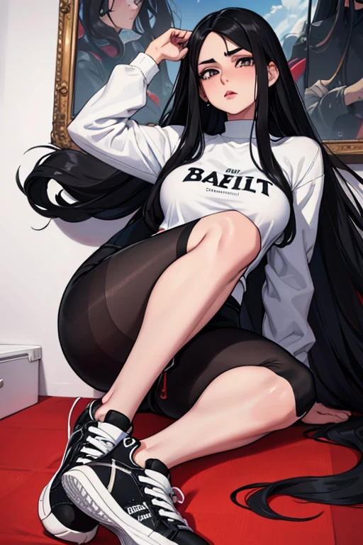 Age 22, white skin girl, almost speaks, Bblack hair, extremely long hair, Cramped, black pantyhose, black sneakers, Bblack hair, hair between the eyes, White hair, cloused mouth, range, cabelo bagunçado saia formal Bblack hair grande extremely long hair olhos cinzas