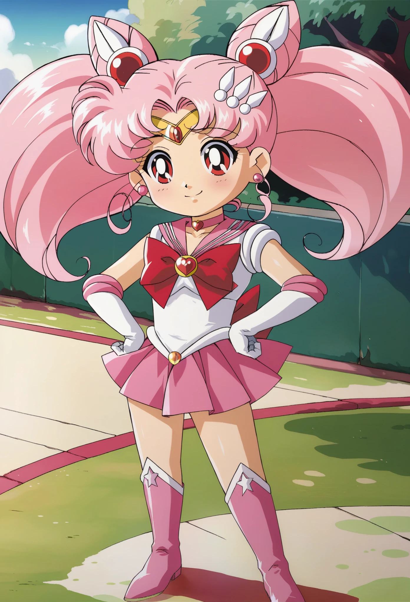 1 girl, solo, sailor chibi moon,sailor senshi uniform,chibi usa,pink hair,boots,pink footwear,pink sailor collar,magical girl,cone hair bun,skirt,jewelry,underwear,hair bun,heart brooch,knee boots,gloves,sailor collar,red eyes,bow,elbow gloves,brooch,twintails,choker,white gloves,earrings,double bun,tiara,pink choker,hair ornament,blush,long hair,smile, in park, standing, hand on hips,