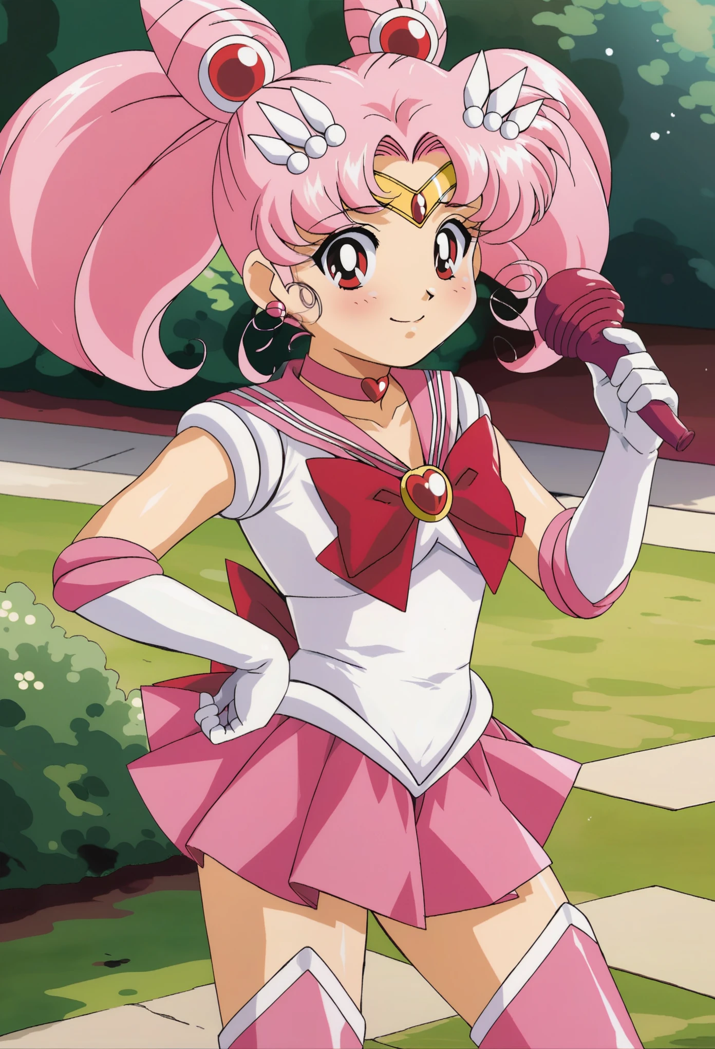 1 girl, solo, sailor chibi moon,sailor senshi uniform,chibi usa,pink hair,boots,pink footwear,pink sailor collar,magical girl,cone hair bun,skirt,jewelry,underwear,hair bun,heart brooch,knee boots,gloves,sailor collar,red eyes,bow,elbow gloves,brooch,twintails,choker,white gloves,earrings,double bun,tiara,pink choker,hair ornament,blush,long hair,smile, in park, standing, hand on hips,