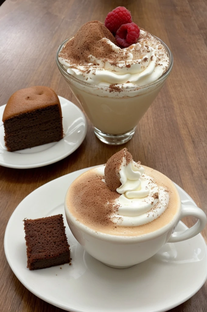 One and only one capuccino with a little spoon, a yummy looking piece of cake on another plate, snack for one persons elegant