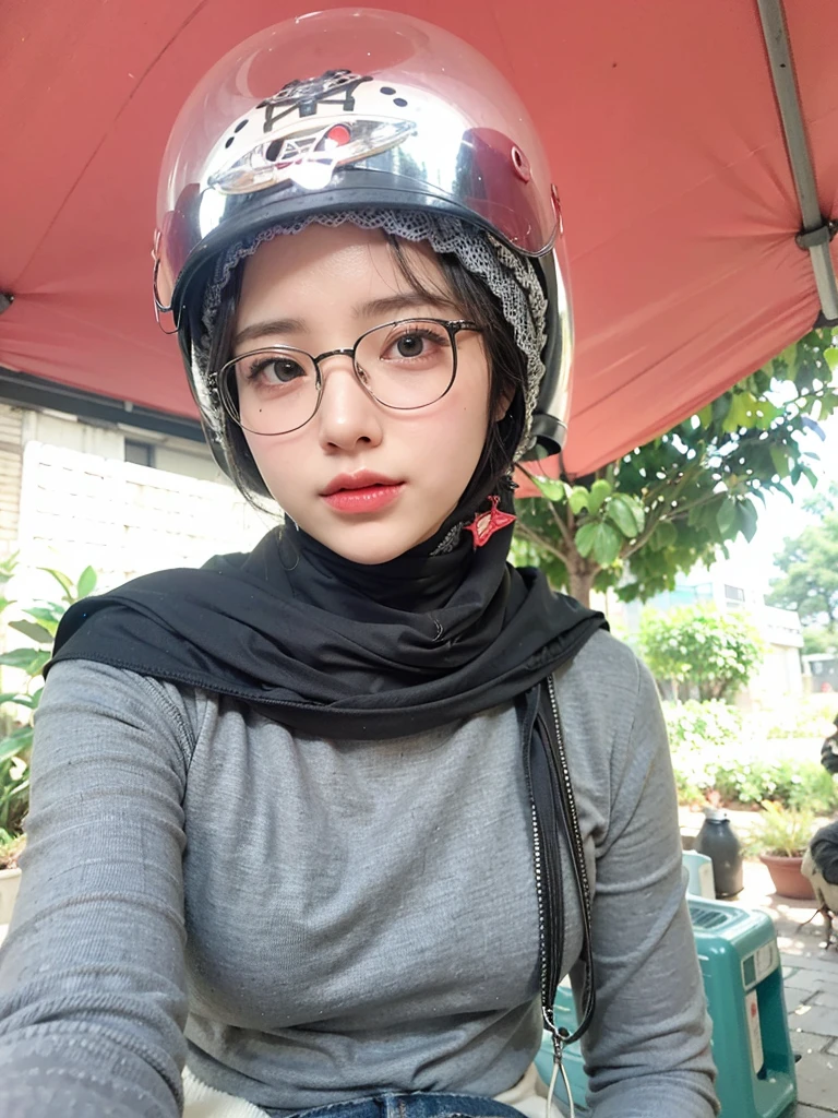 (Best quality, 8k, 32k, Masterpiece, UHD:1.2),Photo of Pretty Japanese hijab woman, large breasts, transparent shirt girl ,face focus,oversized_sweater, necklace, background, from above, looking at viewer, lingering, fetish hijab, hijab star
