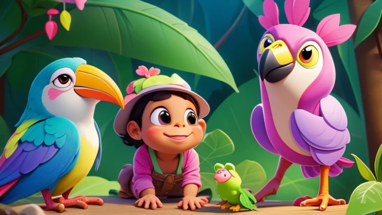 Pepe the brown perez had many friends in the forest: Lilac the parrot, Tico the toucan and Rita the frog.animated cartoon