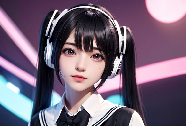 Hatsune Miku Cosplay、Black Hair、Short Hair、The hair is very short、Twin tails、I have headphones on、32 years old、Singing a song with a microphone、Pleated skirt、Sailor suit、tie、flat chest、Realistic photos、Realistic、8K quality、tall、No bangs、Close up on face、The background is simple、very short hair