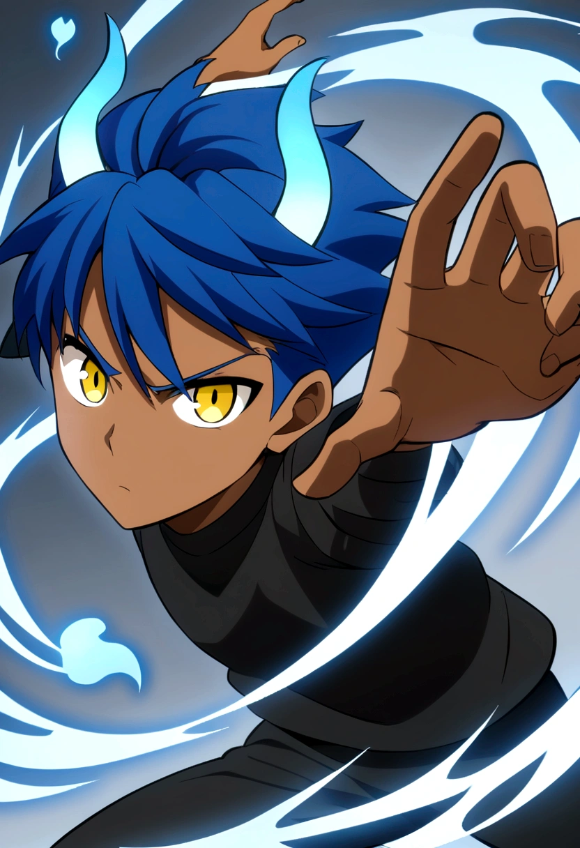 boy, boy, boy, dibujado con Anime Style, Blue short hair, Blue short hair,, Anime Style, Anime Style, Brown Skin, Two small horns, Black sweatshirt, Dynamic pose, Blue fire in the right corner, Blue Hair, Yellow Eyes, Two small, White corner. They are. whole body. Yellow Eyes, Blue Hair, Brown Skin