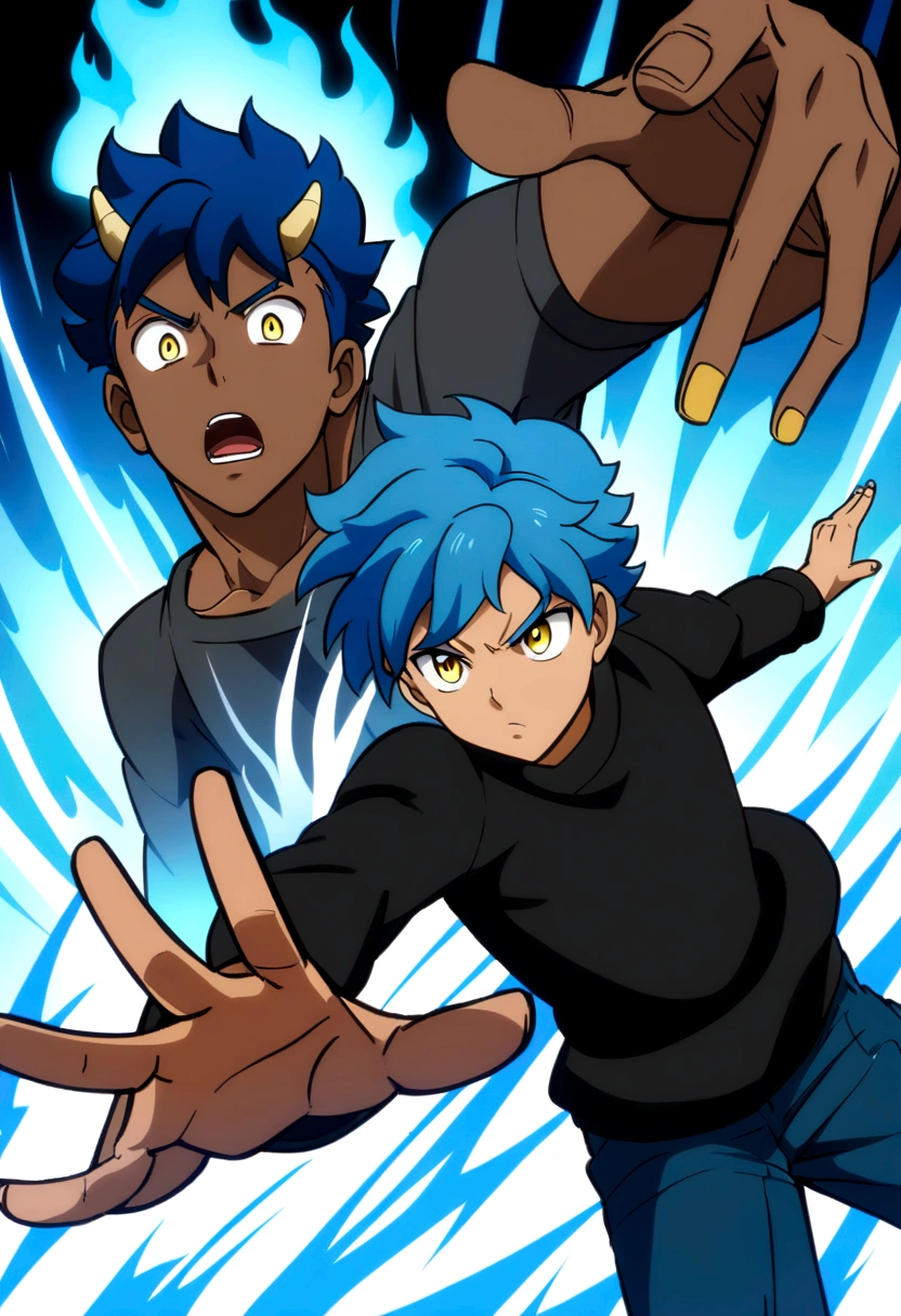 boy, boy, boy, dibujado con Anime Style, Blue short hair, Blue short hair,, Anime Style, Anime Style, Brown Skin, Two small horns, Black sweatshirt, Dynamic pose, Blue fire in the right corner, Blue Hair, Yellow Eyes, Two small, White corner. They are. whole body. Yellow Eyes, Blue Hair, Brown Skin