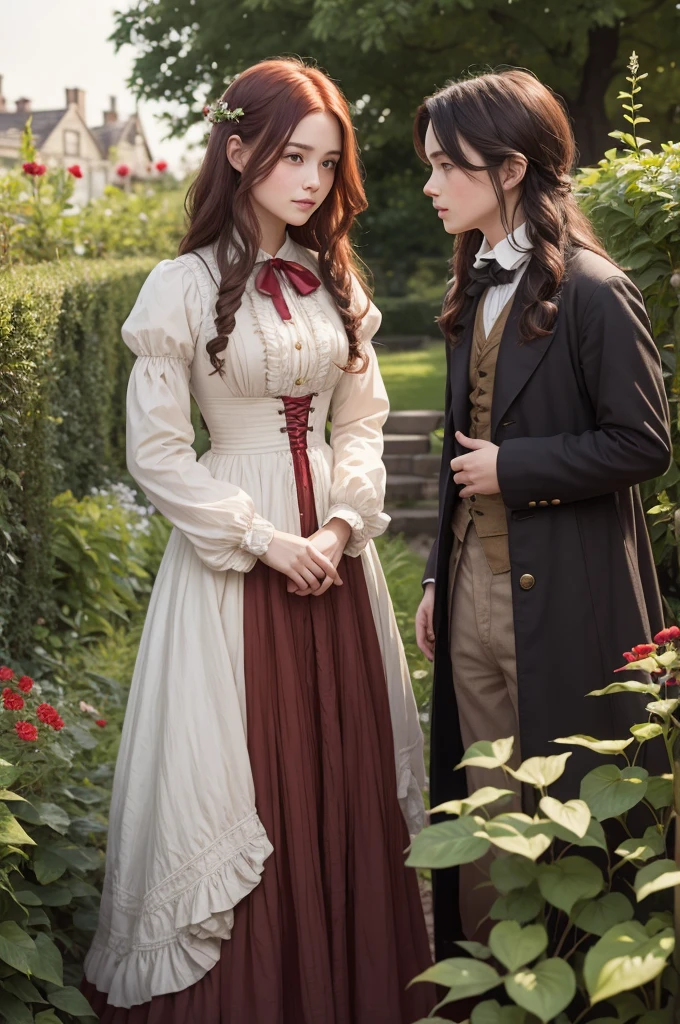 One with long hair and 1840s clothes looking at a boy with short red hair in a garden