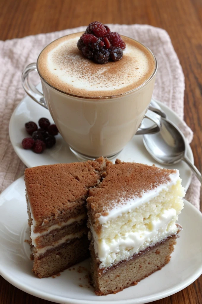 One and only one capuccino with a little spoon, a yummy looking piece of cake on another plate, snack for one persons elegant