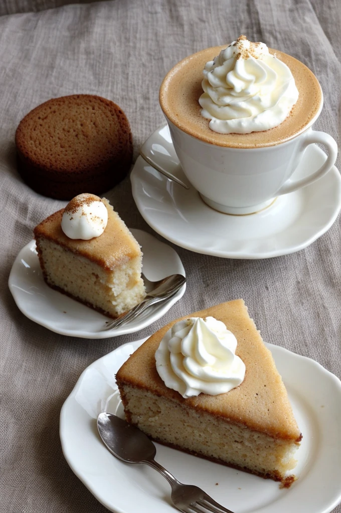 One and only one capuccino with a little spoon, a yummy looking piece of cake on another plate, snack for one persons elegant 