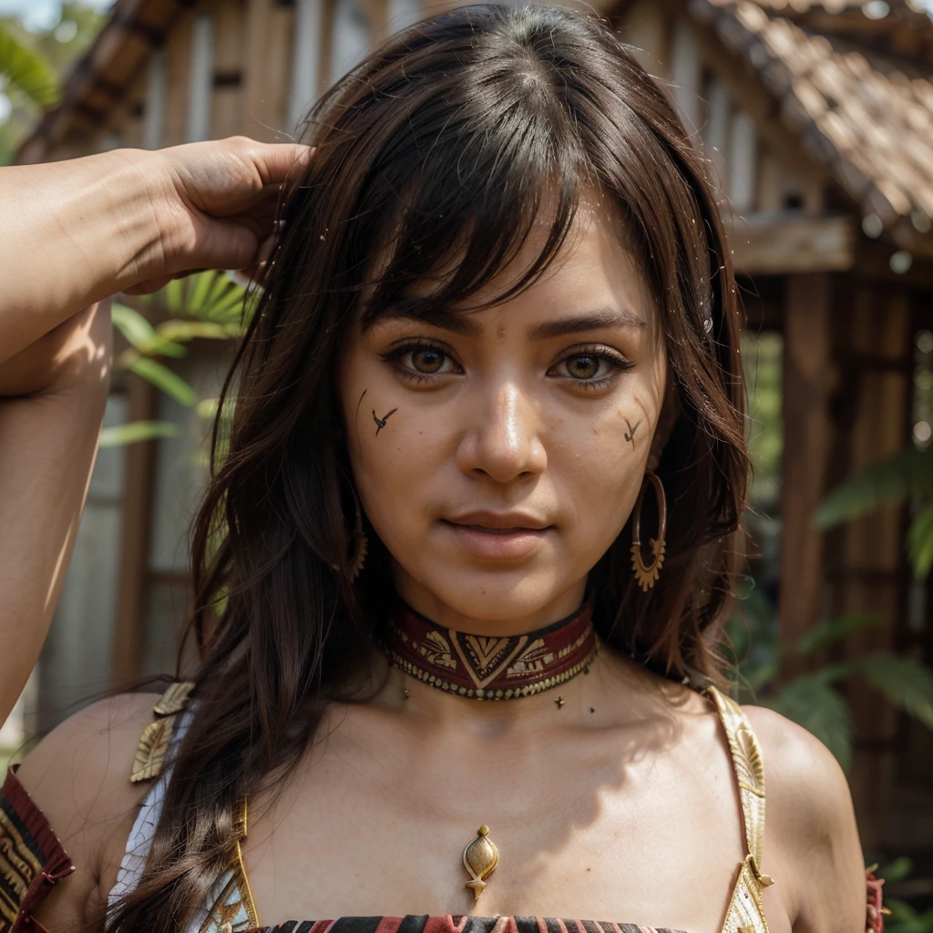 (((dashataran:1.4, ))), dayak, (RAW photo, best quality), (realistic, photo-realistic:1.3), masterpiece, an extremely delicate and beautiful, extremely detailed, CG, unity , 2k wallpaper, Amazing, finely detail, light smile, extremely detailed CG unity 8k wallpaper, huge filesize, ultra-detailed, highres, absurdres, soft light, (beautiful detailed sky, outdoor, lush jungle, wooden house) ((extremely detailed face, beautiful detailed girl, detailed fingers, extremely detailed eyes and face, beautiful detailed nose,)) light on face, solo, 1girl,(pureerosface_v1:0.6), black eyes, black hair, bangs, closed_mouth, lips, long_hair, looking_at_viewer, (upper body), realistic, (wearing_dayak_outfit:1.4), smile, ((detailed pupils))