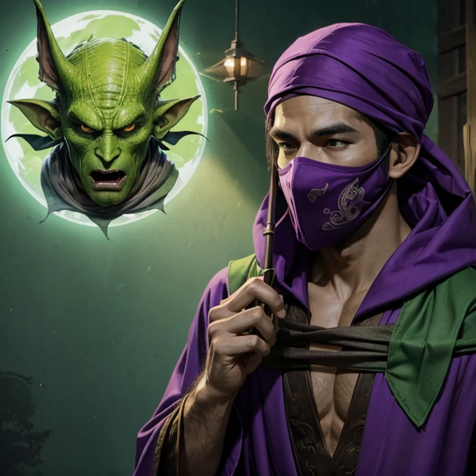 A human monster, tall, green skin, long nose, bat wing, purple long robe, head wear, robe covers the mouth, covered mouth, Japanese goblin mask, neck gather, bandana, bandana covers the mouth, 