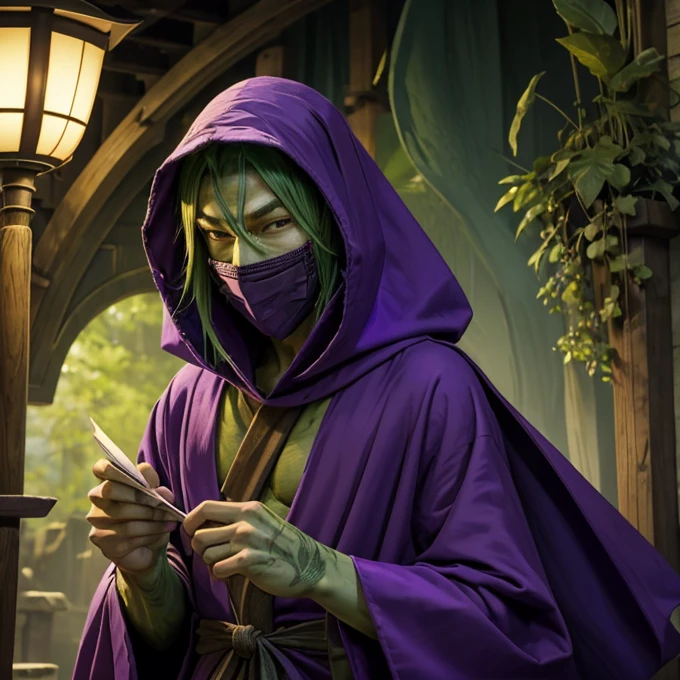 A human monster, tall, green skin, long nose, bat wing, purple long robe, head wear, robe covers the mouth, covered mouth, Japanese goblin mask, neck gather, bandana, bandana covers the mouth, 