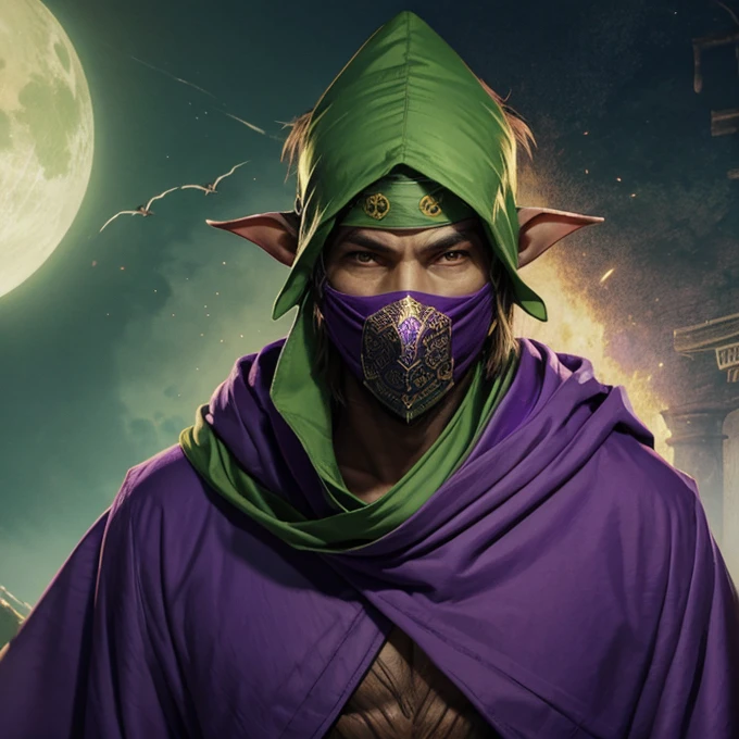 A human monster, tall, green skin, long nose, bat wing, purple long robe, head wear, robe covers the mouth, covered mouth, Japanese goblin mask, neck gather, bandana, bandana covers the mouth, 