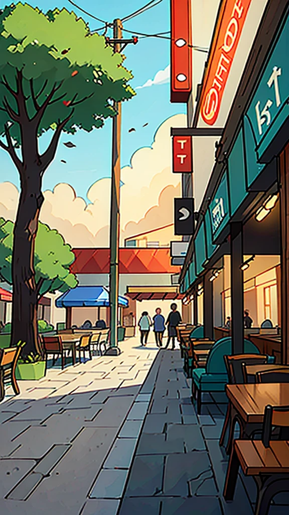 create a food court with restaurants in background, without peoples, no person, background, trees