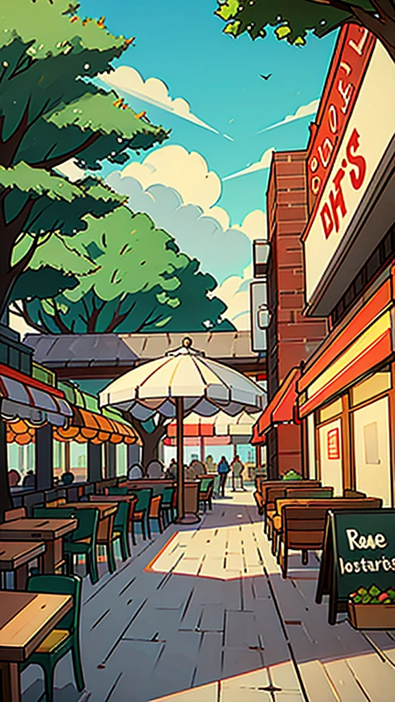 create a food court with restaurants in background, without peoples, no person, background, trees
