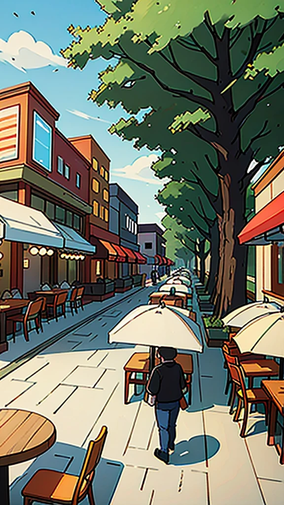 create a food court with restaurants in background, without peoples, no person, background, trees