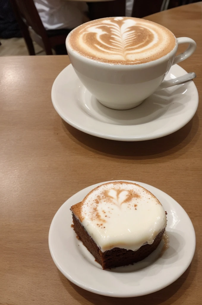 One and only one capuccino with a little spoon, a yummy looking piece of cake on another plate, snack for one persons elegant. Picture taken with iPhone