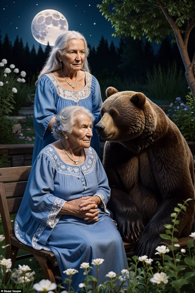 An old woman, Canda but at the same time she is beautiful and beautiful, sitting in the moonlight in a garden, with a bear as a companion next to her where the woman wears a beautiful dress according to her characteristics that looks hyperrealistic