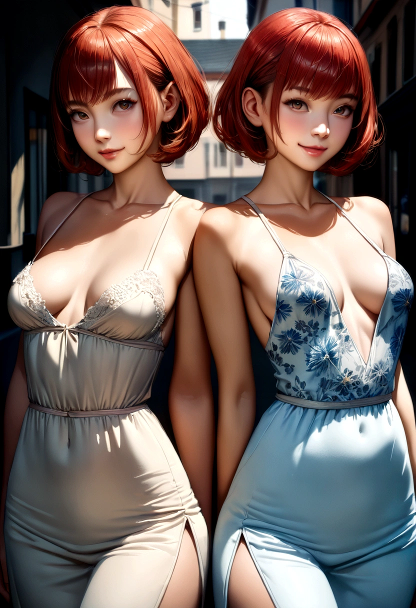 slim female figure, redhead, parts, Best Quality, realistic skin texture, Photography, detailed facial features, Film grain texture and high contrast., Extremely high resolution details, photographic, photorealistic, Hyper realistic, HDR, Masterpiece, ((short hair)), (thin waist), (((round hips))), (((medium sized breasts))), round and perky breasts, wearing a blue floral print fitted camisole dress, Casual Sleeveless Backless Holiday Dress for Spring, smiling happily