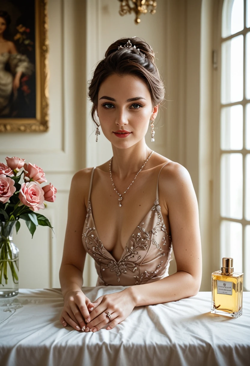 A beautiful, elegant woman showing and using a beautiful, basic bottle of perfume