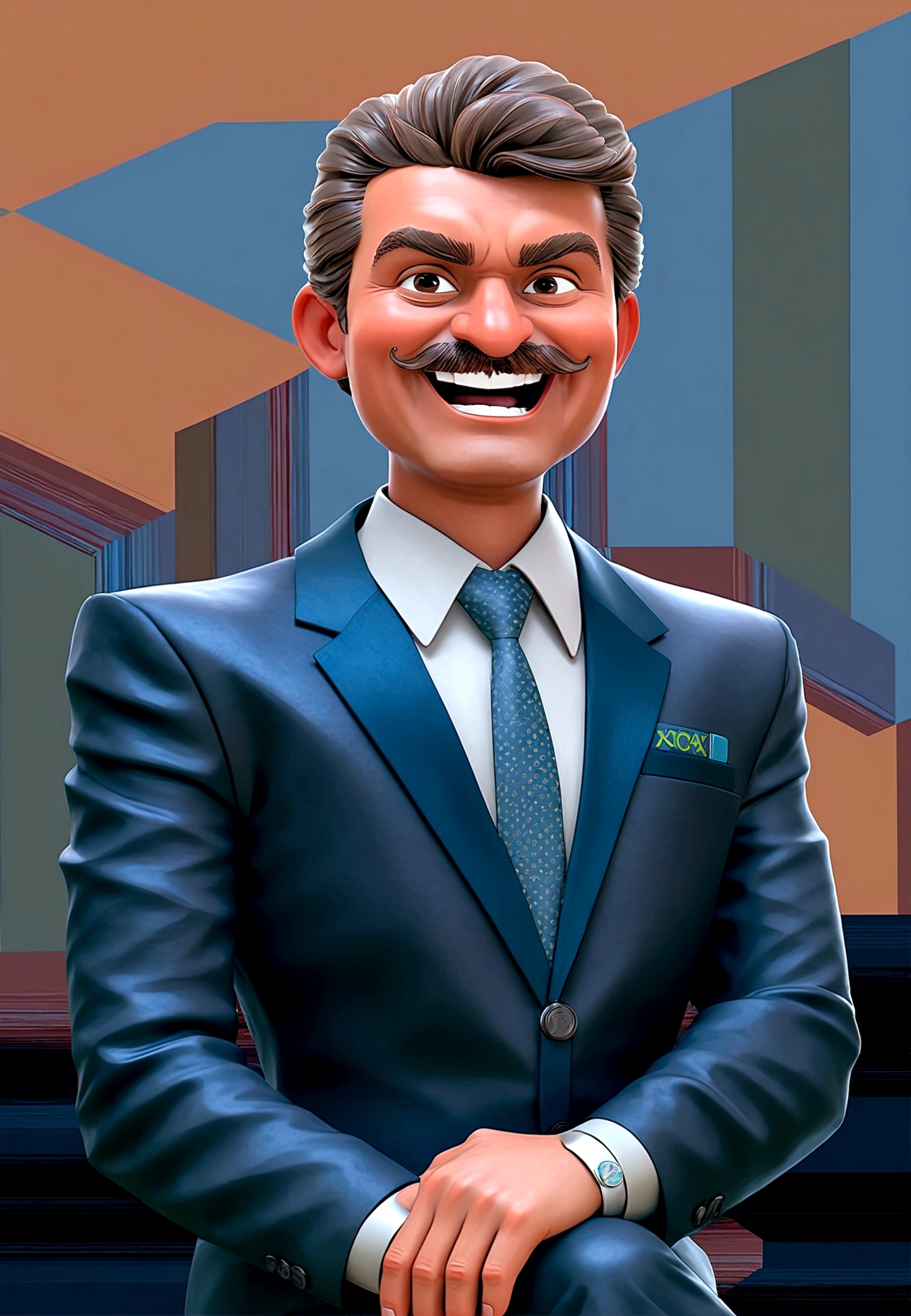 Create an animated character of a man in the style of Pixar Disney. The character is Senator Wilder Morais, a Brazilian politician. He is wearing a blue suit and tie, has a mustache and goatee, and is smiling while looking at the camera with arms crossed. The character should have exaggerated, expressive facial features typical of Pixar's animation, with bright colors and a cartoonish style. Use a 3D stylized rendering, Arnold Maya rendering, and toon shading. Include a bokeh effect, cinematic lighting, detailed skin texture, and a sharp focus. Aim for high-quality 8K resolution. bigode e cavanhaque