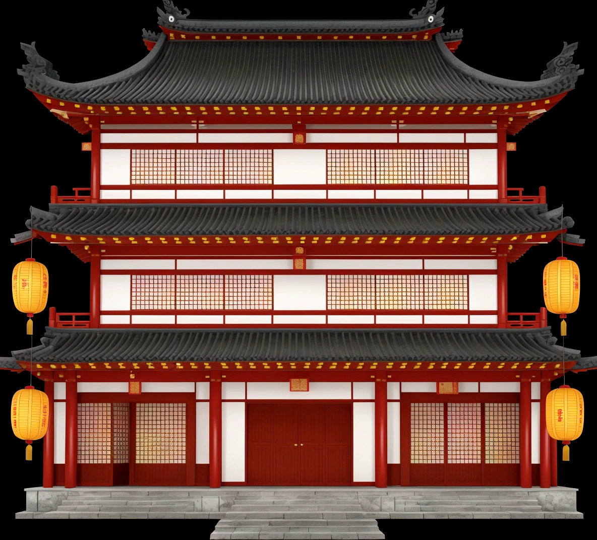 illustration of a traditional chinese building with lanterns and a door, an extremely detailed building, european japanese buildings, japanese house, chinese building, japanese temple, zen temple background, ancient japanese architecture, digital painting of a pagoda, japanese architecture, temple background, inspired by Tōshi Yoshida, japanese temples, inspired by Shūbun Tenshō