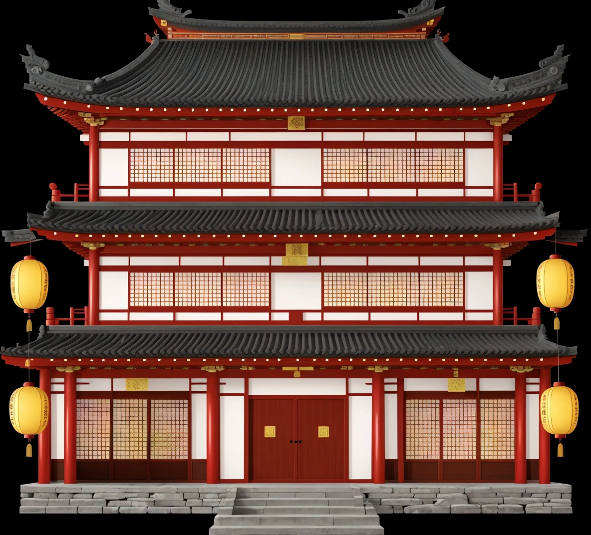 illustration of a traditional chinese building with lanterns and a door, an extremely detailed building, european japanese buildings, japanese house, chinese building, japanese temple, zen temple background, ancient japanese architecture, digital painting of a pagoda, japanese architecture, temple background, inspired by Tōshi Yoshida, japanese temples, inspired by Shūbun Tenshō