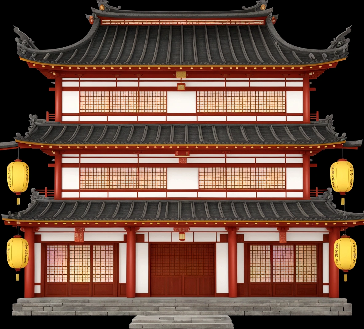 illustration of a traditional chinese building with lanterns and a door, an extremely detailed building, european japanese buildings, japanese house, chinese building, japanese temple, zen temple background, ancient japanese architecture, digital painting of a pagoda, japanese architecture, temple background, inspired by Tōshi Yoshida, japanese temples, inspired by Shūbun Tenshō