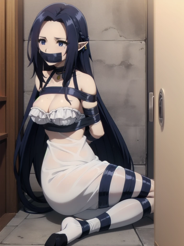 dark blue hair,,long hair,blue eyes)),pointy ears,elf,Tape Gag Tape Bondage,arms behind back
