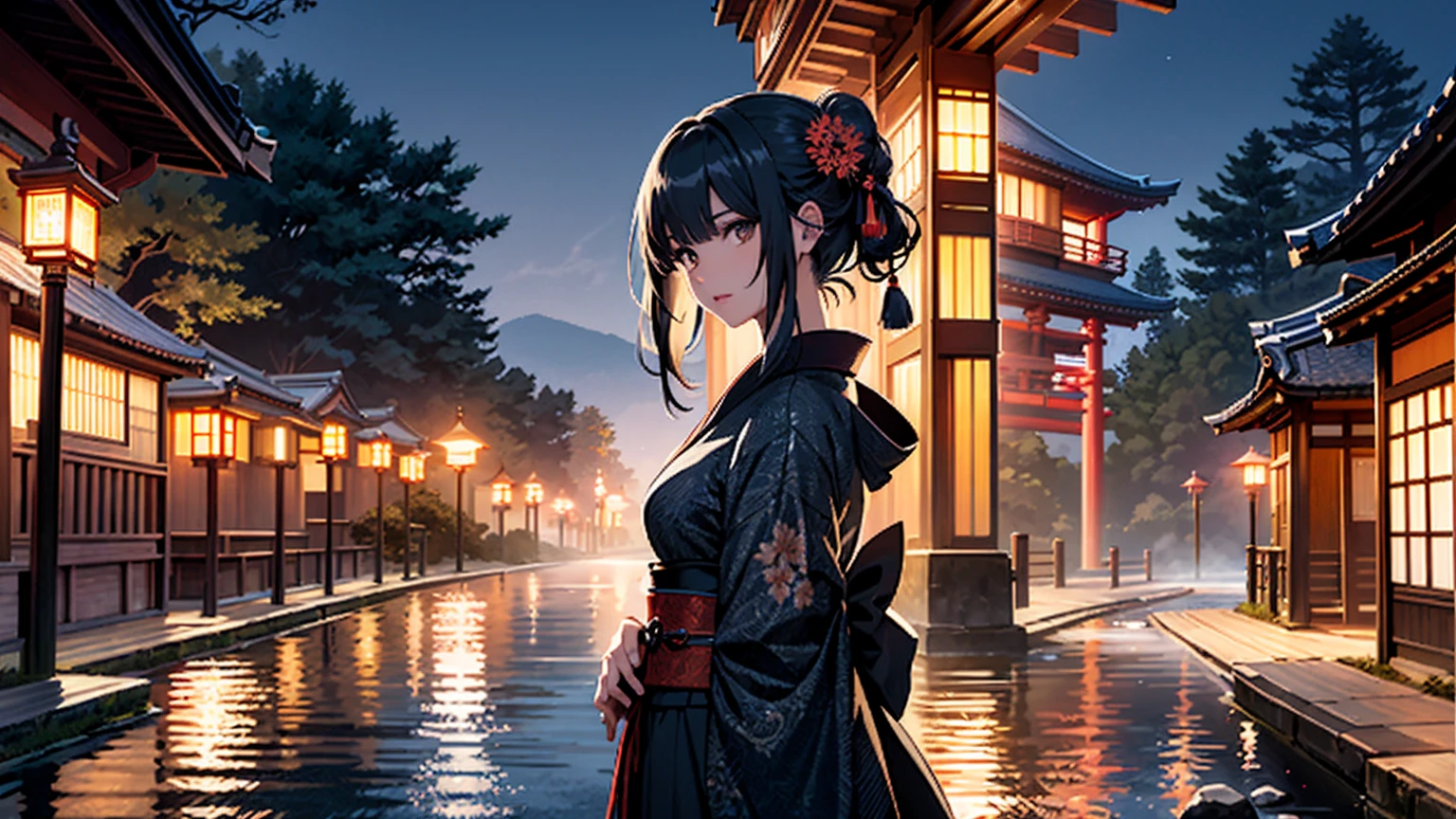 (Official Art、Highest quality、Unity 8k wallpaper、32k、masterpiece、Ultra-detailed、Ultra-high resolution、Realistic、Photorealistic:1.2)、(Cinema Lighting:1.2)、Fire Glow Effect、Film Grain、Best Shadow、Rim Light、Side light、(Highly detailed and intricate 3D rendering)、細部までBeautiful Faceと目、Slender、Medium Bust、(whole body:1.2)、(Side Shot、avert your eyes:1.2)、(Mysterious、moonlight)、Highly detailed background、Beautiful Face、Beautiful girl、(Highly detailed skin、Detailed skin texture:1.3)、Japanese garden、Cowboy Shot、Tree with red leaves on the background of the tower々, Japan at Night, Japan Tourism, Japan Deeper Journey Exploration, Japanese Temples, Pagoda, at night!!, Set it to night, at night!, Beasts, Vivid!!, Japan at Nightの街, panoramic, Ancient Japanese architecture, by Torii Kiyomasu II, November, Kyoto Japan Setting