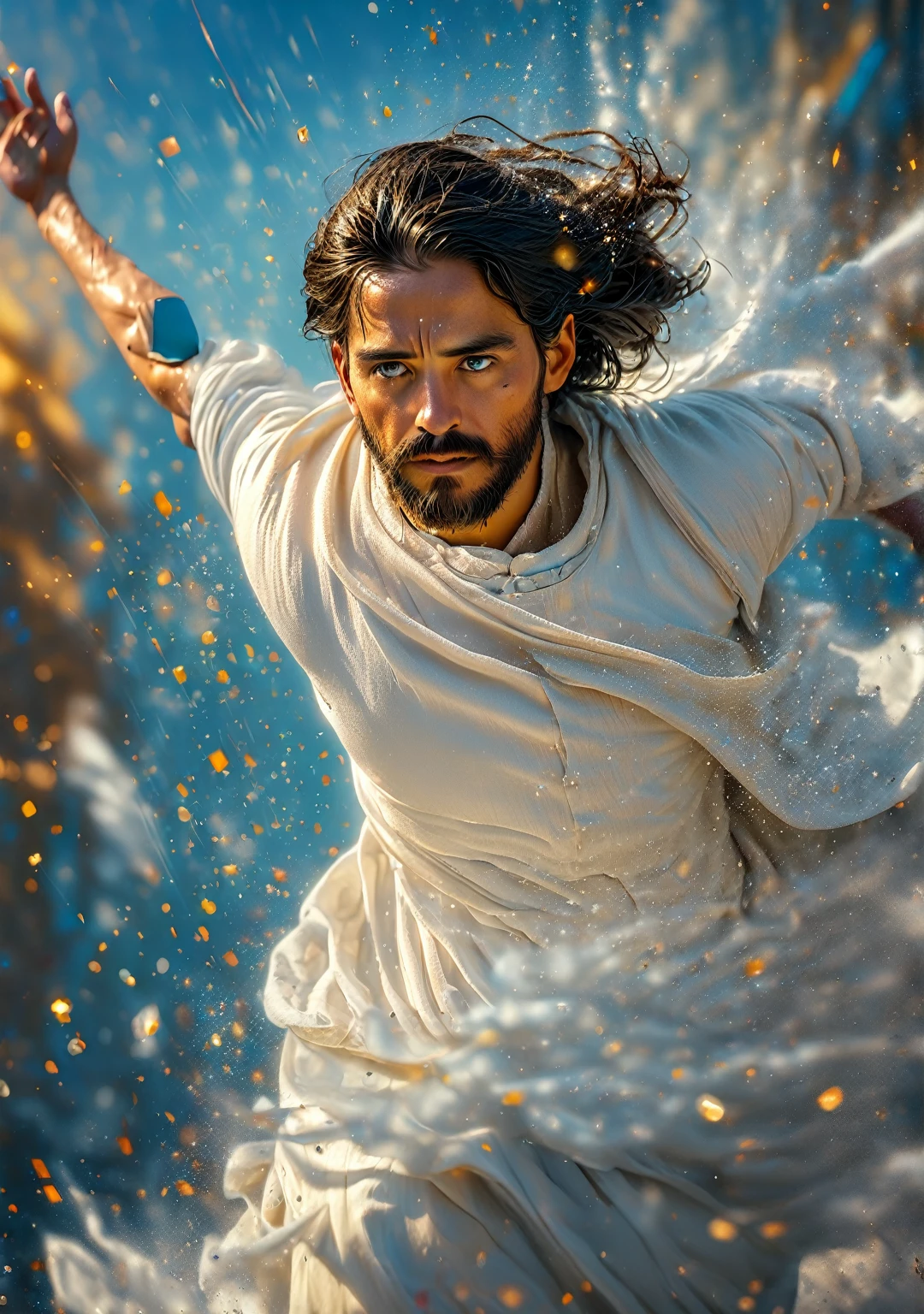 Photography of Jesus Christ, ((best qualityer, 8K, Masterpiece artwork: 1.2)), Ultra-realistic graphics, color photography, sharp focus, fully body, pious look, Highly detailed facial and skin texture, detailedeyes, direct eye contact, Super-resolution, Megapixels, ProFoto RGB, ultra HD, angelic background.