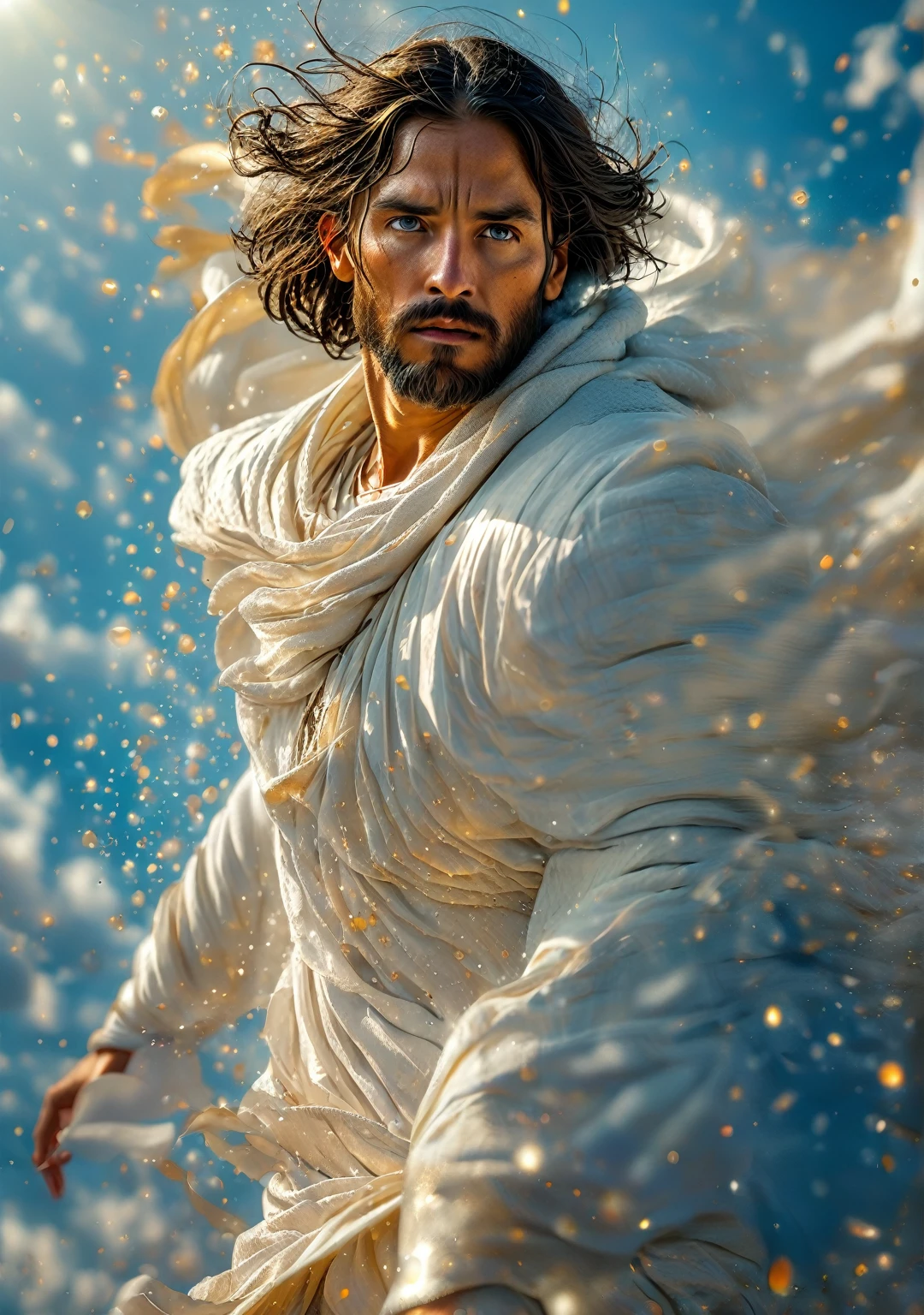 Photography of Jesus Christ, ((best qualityer, 8K, Masterpiece artwork: 1.2)), Ultra-realistic graphics, color photography, sharp focus, fully body, pious look, Highly detailed facial and skin texture, detailedeyes, direct eye contact, Super-resolution, Megapixels, ProFoto RGB, ultra HD, angelic background.