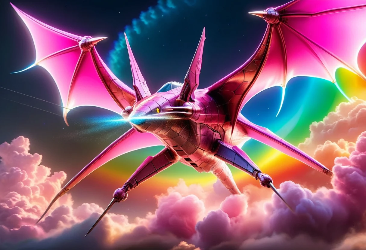 a National Geographic, an award winning picture of a (pink mech Pterosaur: 1.3) flying in the sky near a rainbow, dynamic sky background, (masterpiece: 1.4) intense details, highly detailed, photorealistic, best quality, highres,16k, [ultra detailed], masterpiece, best quality, (extremely detailed), ultra wide shot, photorealistic, RAW, realistic art,((best quality)), ((masterpiece)), (detailed: 1.5) ral-czmcrnbw, Mechanical Creatures