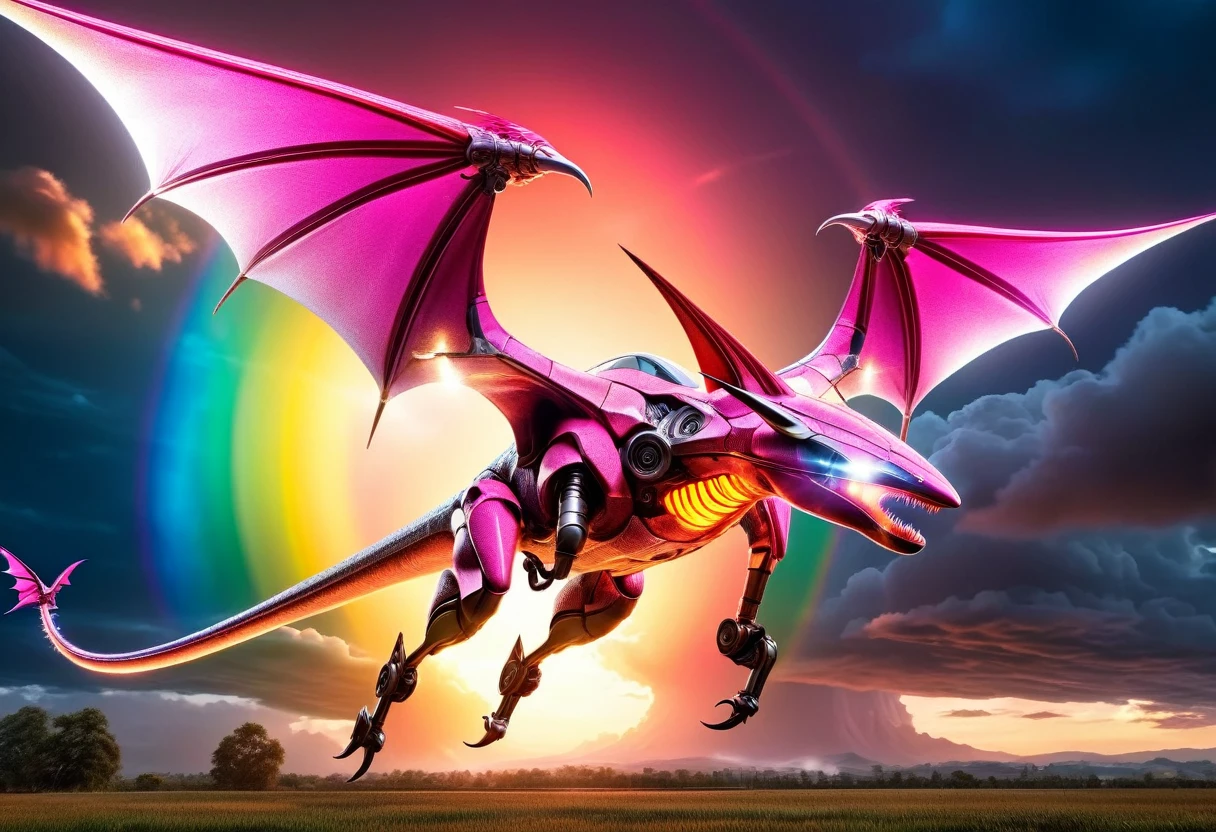 a National Geographic, an award winning picture of a (pink mech Pterosaur: 1.3) flying in the sky near a rainbow, dynamic sky background, (masterpiece: 1.4) intense details, highly detailed, photorealistic, best quality, highres,16k, [ultra detailed], masterpiece, best quality, (extremely detailed), ultra wide shot, photorealistic, RAW, realistic art,((best quality)), ((masterpiece)), (detailed: 1.5) ral-czmcrnbw, Mechanical Creatures